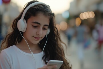 A young girl with headphones looking at her cell phone on a street