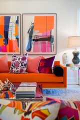 Wall Mural - A vibrant living room with bold, colorful sofas, bright throw pillows, and abstract artwork adorning the walls, Generative AI