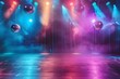 Captivating Dance Floor Under Vibrant Neon Spotlights and Disco Balls,Radiating Retro Atmosphere for Electrifying Concert or Performance