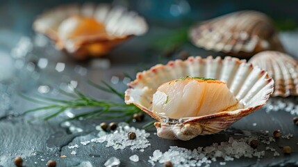 Wall Mural - Close up view of fresh uncooked scallop with its shell on a grey table Room for text