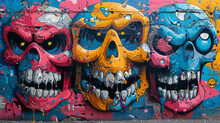 Multiple Awesome Design Worn Colorful Angry Monster Skulls And Bone Stickers On Top Of Each Other, Street Art Style, Comic,generative Ai