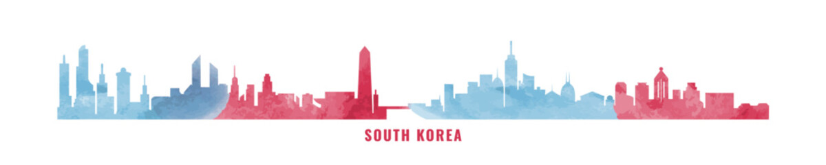 Wall Mural - South Korea country skyline with cities panorama, watercolor style. Vector flat banner, logo. Seoul, Busan, Daegu, Daejeon, Incheon silhouette for footer, steamer, header. Isolated graphic