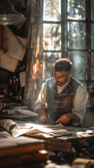 Poster - A man is busy working on a piece of paper, focused on his task. He appears to be writing or drawing on the paper, possibly planning or creating something.