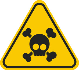 Yellow triangle safety sign pictogram icon of danger, poison, toxic warning with illustration head of skull and bones in cartoon style