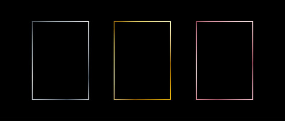 Poster - Silver, golden and rose gold thin frames. Shiny art deco rectangle borders set. Thin line glowing grey, yellow and pink boarder element collection. Vector bundle for Christmas, birthday decor pack
