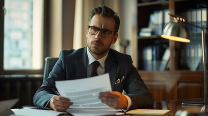 Poster - A man in a suit is sitting at a desk with a stack of papers in front of him. He is reading through the papers, possibly reviewing some important documents. Concept of seriousness and focus
