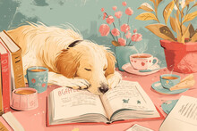 Cozy Afternoon With Sleeping Dog, Books, And Coffee Illustrated In Pastel Colors