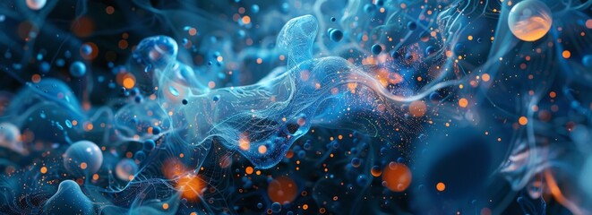 Poster - A vibrant blue and orange background filled with numerous bubbles of various sizes. The bubbles are floating and creating a lively and dynamic visual effect.