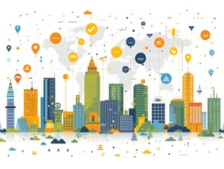 Wall Mural - Integrated Public Data Registries Showcased in a Minimalistic Cityscape Design with Simple Icons and Concise Text Labels