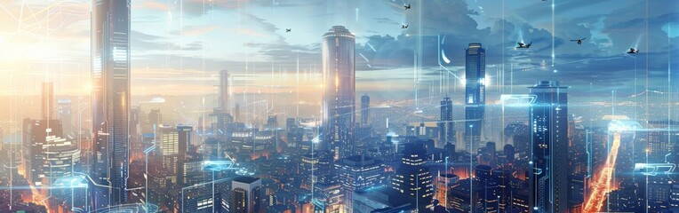Aufkleber - A futuristic city with towering skyscrapers reaching towards the sky, with birds gracefully soaring overhead, adding movement to the urban landscape.