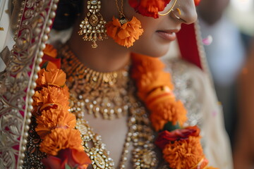 Wall Mural - Indian bride girl in festive traditional saree adorned with necklaces and marigold garlands. Ugadi Gudi Padwa template card copy space