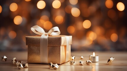Aufkleber - Generative AI Hyper-realistic visualization featuring beautifully wrapped white and gold Christmas gifts neatly placed on an empty table, enveloped by enchanting blurred bokeh lights. Elegant and fest