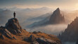 A scene of a solitary figure standing on a rocky overlook, gazing out at a panoramic view of rugged mountain peaks bathed in the warm light of dawn. ULTRA HD 8K
