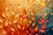 Closeup painting of peach leaves on amber and blue background