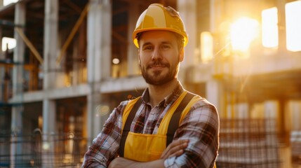 Poster - A man wearing a yellow vest and a hard hat is standing in front of a building. He is smiling and looking at the camera