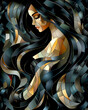 CG artwork of a woman in a black dress with long black hair and fish pattern