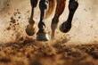 Close-up view of a horse's hooves in motion, kicking up dust on a dirt surface.