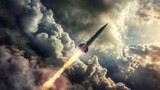 Fototapeta  - Dramatic scene of a missile launch from a launcher, aimed skyward with a backdrop of gathering clouds