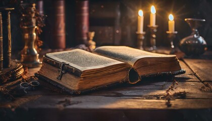 old book with candle, old book and candle on wooden table,  an old book bathed in soft magical lights on a vintage table