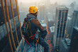 A man in a yellow helmet sits on a ledge overlooking a city