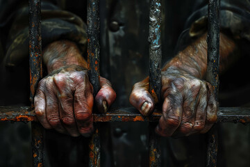 a man's hands are covered in dirt and grime, and he is holding onto a metal bar