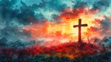 Fototapeta  - Vibrant watercolor-style artwork showcasing a Christian cross, positioned against the backdrop of a serene beach at sunset. Christianity concept with ample space for text