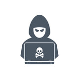 Fototapeta Pokój dzieciecy - Flat illustration of hacker at laptop vector icon for web design. Hacker at laptop icon.