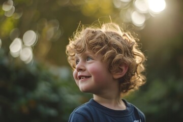 Portrait of a little boy with curly hair in the park.