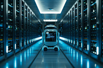 Poster - A robot is walking through a large room with many computers