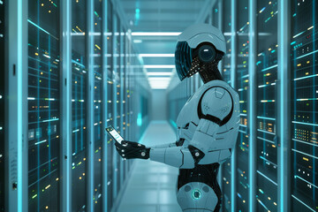 Poster - A robot is standing in a large room with a cell phone in its hand