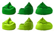 2 Collection set of dark light green lime plain beanbag bean bag seat chair, front side view on transparent cutout, PNG file. Many angle. Mockup template for design