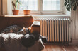 Two cats are sleeping on a couch in front of a radiator