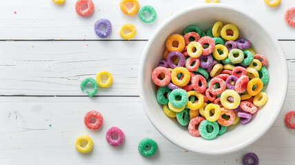 Colorful Fruit Loops in a white cereal bowl on a white wooden table, depicting the concept of fun breakfast and joyful eating experience