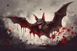 A huge scary bat with wings spread, blood spatter art.