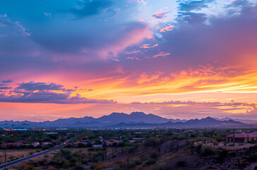 Wall Mural - Beautiful colorful sunset over the mountains in Phoenix, Arizona with suburban homes and buildings below