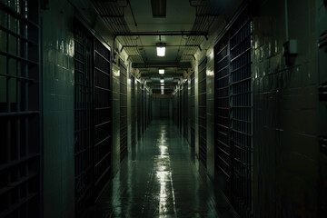 Poster - A long hallway with a lot of bars on the doors