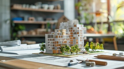 Canvas Print - A group of miniature modern condo building models arranged on a table with blueprints and architectural tools, illustrating the development process. 