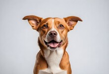 High Detailed Brown Dog With Floppy Ears Looking Directly At The Camera Against A Light Gray Background