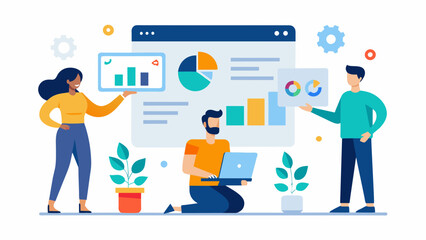 Vector illustration of business team analytics and monitoring on web report dashboard monitor concept. Data analytics research for business finance planning concept illustration flat style vector desi