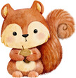 watercolor brown squirrel holding acorn