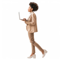 floating vertical full body business woman using laptop on transparency background png