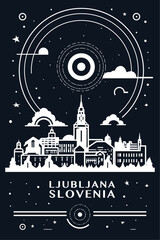 Wall Mural - Ljubljana city vintage poster with abstract cityscape and skyline. Chalkboard vector black and white illustration for Slovenia capital, vertical graphic