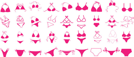 Bikini, swimwear, vector icons set, pink illustrations, summer beachwear. Top view styles for e commerce, fashion store. Modern design, women’s apparel, vacation