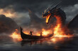 A fire breathing dragon attacking a boat.