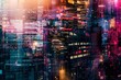 A cybernetic cityscape with abstract digital overlays, glitch effects, and pixelated textures, Generative AI