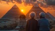 Aged couple sharing a tender moment, grand pyramids behind, sun setting paints the sky in vibrant colors, AI Generative