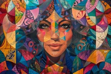 Wall Mural - A beautiful woman with colorful hair, her face is in the center of an abstract background made up of many geometric shapes and patterns, with various colors, such as reds, pinks, yellows, blues, green