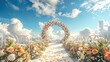 An elaborate wedding ceremony set against a backdrop of breathtaking natural beauty, with an arch of flowers framing the couple exchanging vows beneath a canopy of blue skies and billowing clouds