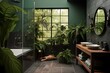 Bathroom interior design with bathtub and plants.