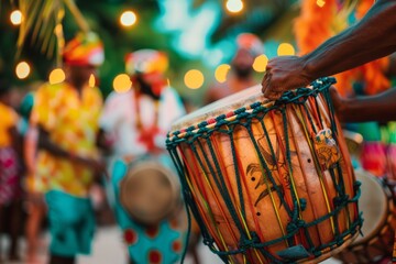 Wall Mural - A closeup shot of the drums at an outdoor reggae music festival, with people in colorful attire celebrating around them. The focus is on one drum being played in the style of two men